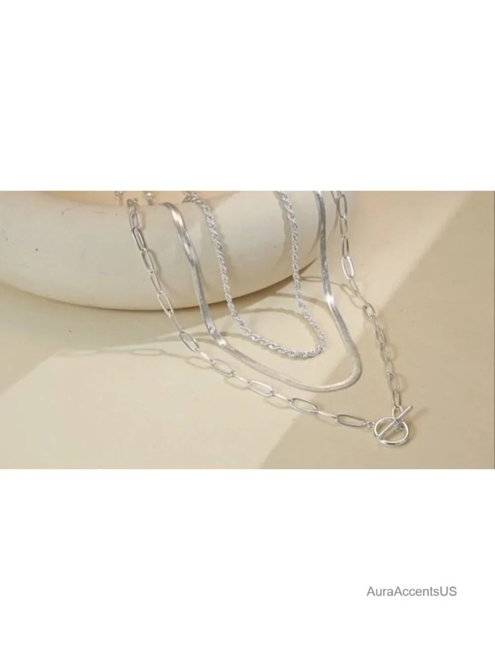 3-Piece Sterling Silver Plated Layered Toggle Necklace Set for Women